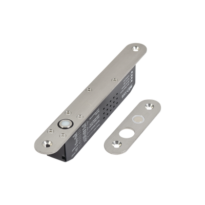 Cerradura de Perno Eléctrica / Diseño Estrecho para Perfiles Delgados / Temporizador 10 s / Buzzer y LED Bicolor / 12-24 VDC / Sensor de Estado de Puerta
