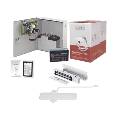Sistema de Control de Acceso / Teclado Antivandálico con Lector / Chapa Magnética 600 lb (272 kg) / Cierrapuerta 40-65 kg / Fuente 12VCC 3A con Batería de Respaldo
