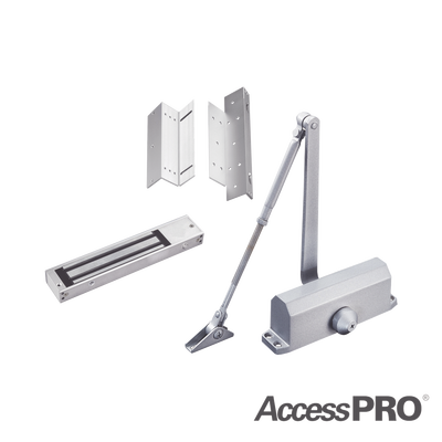 Kit de Control de Acceso / Chapa Magnética 280 kg (600 lbs) / Brackets L y Z / Cierra Puertas 45-65 kg / LED Indicador / Temporizador 1-45 s