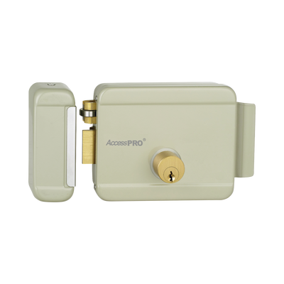 Cerradura Eléctrica / Doble Cerrojo / 12 VCA 2.5 A / Activación por Pulso 2 s / Exterior / Puerta Izquierda