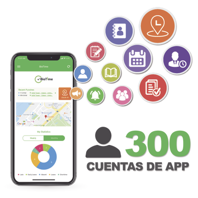 Licencia de Asistencia Móvil / 300 Usuarios / GPS en Tiempo Real / Captura Fotográfica / Compatible con BioTime Pro