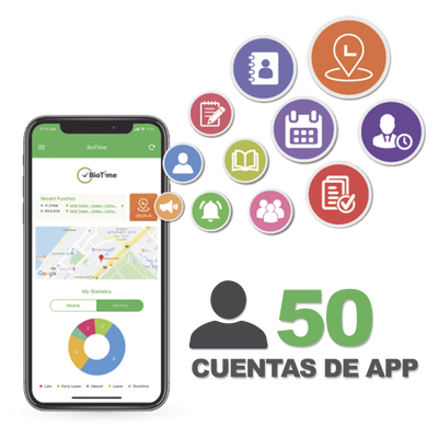 Licencia de Asistencia Móvil / 50 Usuarios / GPS y Fotografía / Compatible con BioTime Pro