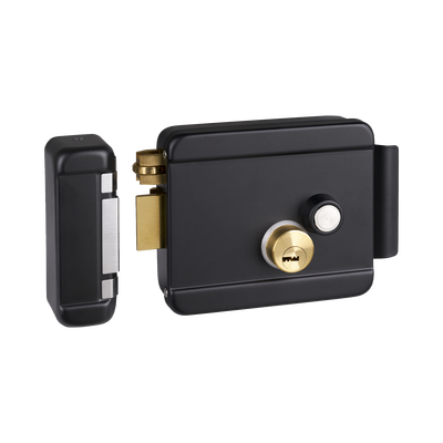 Cerradura Eléctrica con Botón de Salida / Doble Cerrojo / 12 VDC 2.5 A / Activación por Pulso 2 s / Exterior Izquierda / Cuerpo 129 x 103 x 38 mm