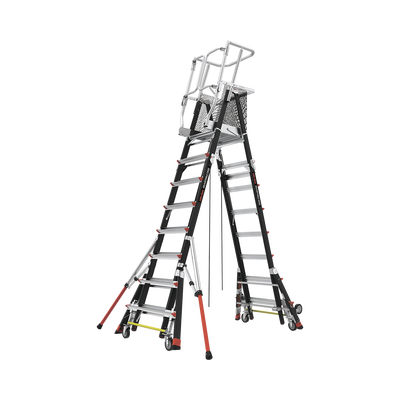 Escalera de Fibra de Vidrio con Jaula de 8'-14' (2.44 - 4.27 m). Con Ajuste en Ruedas (RATCHET™ Leveler) (SKU:18515-817).