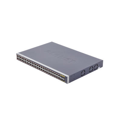 Switch Administrable PoE / 48 Puertos Gigabit RJ45 / 4 Puertos SFP / 440W PoE / 104 Gbps / 1.44 ft (0.44 m) Profundidad