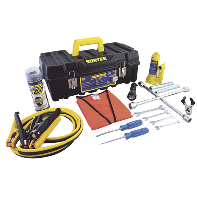Juego de Herramientas Automotriz / 14 Piezas / Gato 2 Toneladas / Cables Pasacorriente 2.5 m (8.2 ft) / Llaves 8-15 mm / Poncholina 12 oz