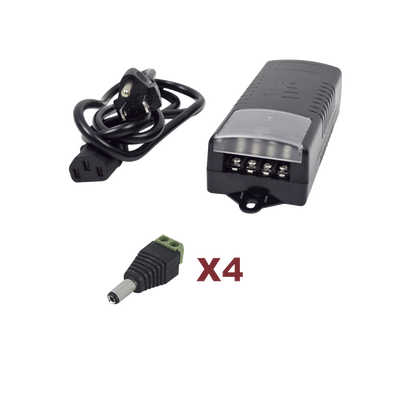 Kit de fuente de poder / Entrada 110-220 VCA / Salida 12 VCC 5A / 4 salidas / Conectores JR52 / 6A PTC / 117x62x34.2 mm / 0.38x0.20x0.11 ft