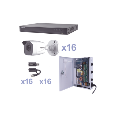 Kit TurboHD / DVR 16 Canales Pentahíbrido / 16 Cámaras Bala 1080p / IR 20 m (65.6 ft) / Fuente de Poder Profesional / Transceptores UTP