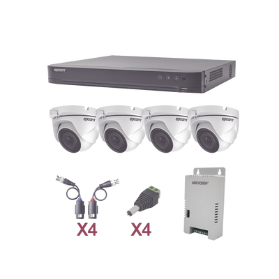 Kit TurboHD / 1080p / DVR 4 Canales / 4 Cámaras Eyeball / IR 20 m (65.6 ft) / Lente 2.8 mm / Fuente Regulada / Transceptores UTP