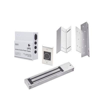 Kit de Control de Acceso / Fuente 12 VCD 5A con Respaldo / Chapa Magnética 600 lbs / Botón Sin Contacto / Montajes L y Z