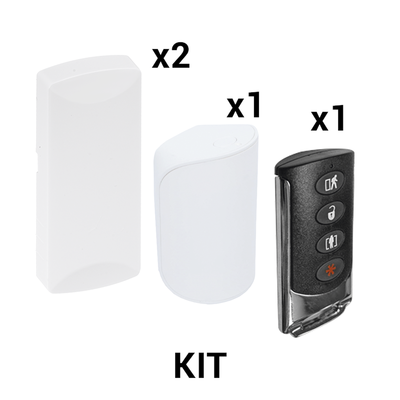 Kit de Sensores Inalámbricos / 2 Contactos Magnéticos / 1 PIR Inmune a Mascotas 38 kg / 1 Llavero Remoto 4 Botones / 433 MHz / Alcance 12 m (39.4 ft)