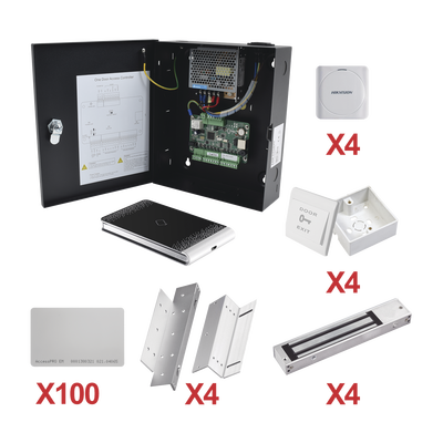 Kit de Control de Acceso por Tarjeta / 4 Puertas / 10,000 Tarjetas / 50,000 Eventos / Gabinete Metálico / 12VCC 8A / -20°C a 65°C / 11.2 x 9.3 x 2.7 pulgadas