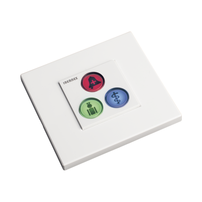 Módulo de Botones para Llamada Paciente-Enfermera / 3 Teclas Iluminadas / Lector RFID 125 KHz / BUS RS485 / Instalación Empotrada 2x2 pulgadas o Superficie