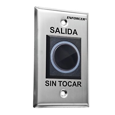 Botón de Salida sin Contacto / Sensor IR Ajustable 6 a 20 cm / LED Bicolor / Relé 0.5 a 30 s / 12-24 VCA/VCC / UL 294