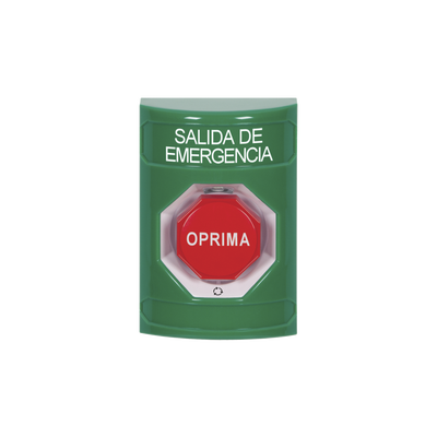 Botón de Salida de Emergencia / Texto en Español / Acción Mantenida / LED de Iluminación / Cubierta Transparente / UL cUL ADA
