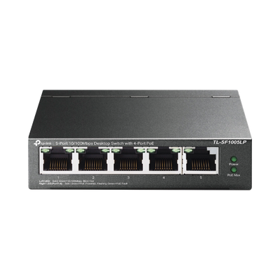 Switch PoE No Administrable / 5 Puertos 10/100 Mbps / 4 Puertos PoE 802.3af / Presupuesto 41 W / Extensión PoE 250 m (820 ft) / Sin Ventilador