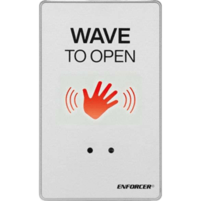 Botón Sensor de Apertura Sin Contacto Wave-to-Open / Single-Gang / Aluminio Mate / Botón Override Manual / 12~24 VDC / Relevador COM /NO/ NC 2A@24VDC / Rango IR 6~30 cm / IP67 Exterior / Temporizador 0.5 -30 segundos