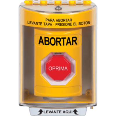 Botón de Abortar, Texto en Español, Tapa Protectora de Policarbonato Súper Resistente, Momentáneo