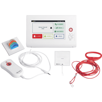 Kit de Habitación Hospitalaria PRO / Terminal IP 7" Táctil + Pulsador Cama IP67 + Luz Cuatricolor + Tirador Baño / Comunicación Paciente-Enfermero VoIP SIP / PoE / Antibacteriano