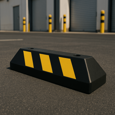 Tope de Estacionamiento Vehicular / Hule Reciclado / 55cm / 1.8ft / Franjas Amarillas Reflejantes / Carga 5 Toneladas