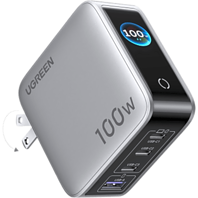 Cargador USB GaN / 100W / 4 Puertos / Pantalla TFT Táctil / Enchufe Plegable / Distribución Dinámica