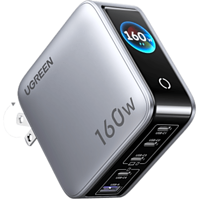 Cargador Rápido GaN / 160 W / 5 Puertos / 140 W USB-C / Pantalla TFT / Control por App / Distribución Inteligente