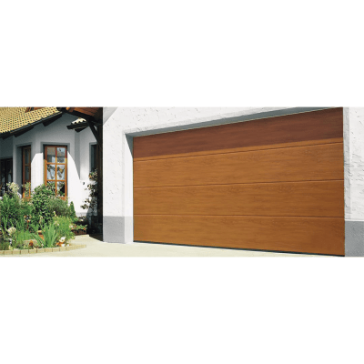 Sección de Puerta de Garage / Línea Central / Imitación Madera Golden Oak / Panel Calibre 26 / Relleno Poliuretano 43 mm / Estilo Americano