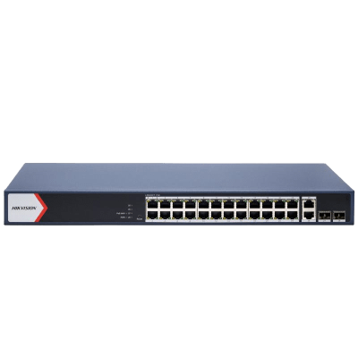 Switch Gigabit PoE+ / Administrable / 24 Puertos 1000 Mbps PoE+ / 2 Puertos 1000 Mbps Uplink / 2 Puertos SFP Uplink / Configuración Nube Hik-Partner Pro / Modo Extendido hasta 300 Metros / 230 W
