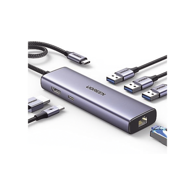 Hub USB-C 6 en 1 / 3 Puertos USB-A 3.0 (5 Gbps) / HDMI 4K@30Hz / PD 100W / Gigabit Ethernet / Aluminio
