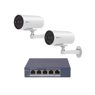 Kit de Videovigilancia PoE / 2 Cámaras IP 3 Megapixel / Switch 4 Puertos PoE+ Gigabit / Visión Nocturna a Color / IP67 / Audio Bidireccional / Luz y Sirena