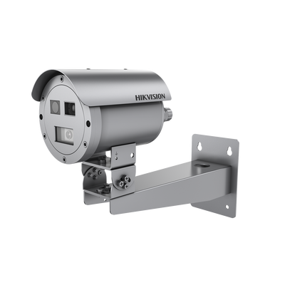 Cámara Bala IP Térmica Dual / Térmico 384x288 15 mm / Óptico 4 MP 15 mm / Termométrica -20°C a 150°C / IP68 / IR 30 m (98.4 ft) / Antiexplosión / Anticorrosión