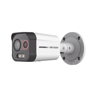 Cámara Bala IP Térmica y Óptica Biespectral / Análisis de Video (VCA) para Protección Perimetral / Clasifica Vehículo/Humano / Térmica 96 x 72 / Óptica 4 MP ColorVu / IP67 / Audio y Alarma Visual