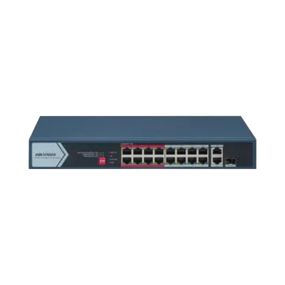 Switch PoE+ / 16 Puertos 10/100 Mbps PoE+ / 2 Puertos Gigabit Uplink / 1 Puerto SFP / Modo Extendido 300 m (984 ft) / 130 W