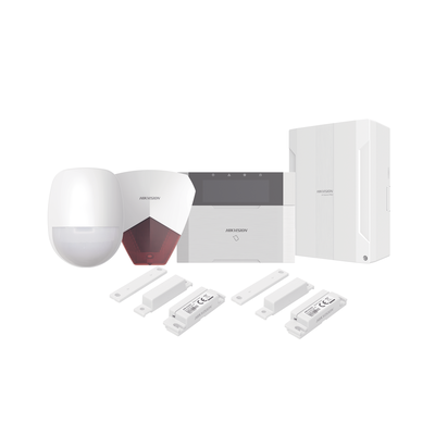 Kit Panel de Alarma Híbrido / 64 Zonas / Teclado LCD con Lector de Tags / Sirena 105 dB IP54 / PIR 18 m (59.1 ft) 90° / 2 Contactos Magnéticos