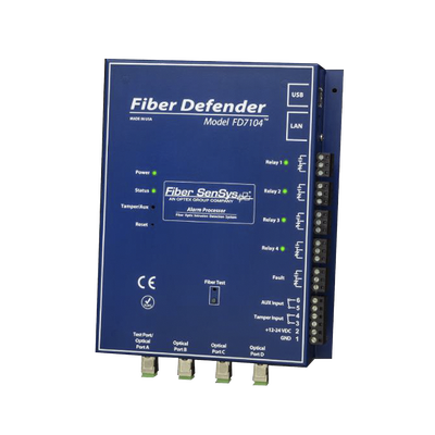 Sensor de Seguridad Perimetral por Fibra Óptica / 4 zonas independientes / 800 m (2,625 pies) máximo por zona / IP66 / Sin componentes activos en campo