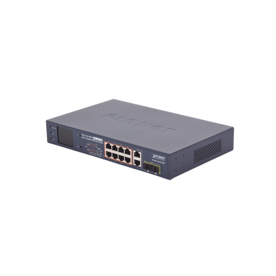 Switch PoE+ / 8 Puertos 10/100Mbps / 2 Puertos Gigabit Combo TP/SFP / Alcance 250m (820 pies) / Pantalla LCD / 120W