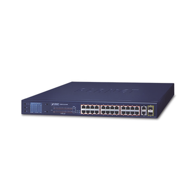 Switch PoE No Administrable / 24 Puertos 10/100 Mbps / 2 Puertos Combo Gigabit TP/SFP / PoE 802.3af/at 300 W / Alcance Extendido 250 m (820.2 ft) / Pantalla LCD