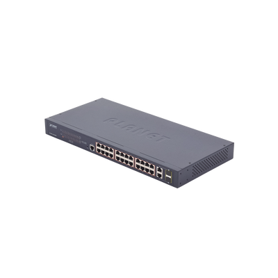 Switch administrable PoE+ / 24 puertos 10/100TX / 2 puertos combo Gigabit TP/SFP / 220W / 6,54 Mpps / 0-50°C / 1,44 x 0,98 x 0,15 pies