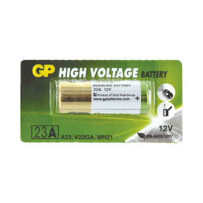 Batería Alcalina / 12 VCC / 23 Ah / 107 h Duración / Terminales Planos Niquelados / 10 mm (0.39 in) Ø × 28 mm (1.10 in)