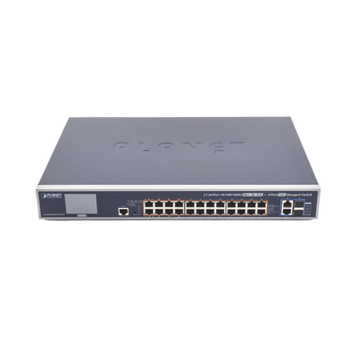 Switch Administrable L3 / 24 Puertos Gigabit PoE 802.3bt / 2 Puertos 10G SFP+ / Pantalla Táctil LCD / Fuente Redundante / 600W