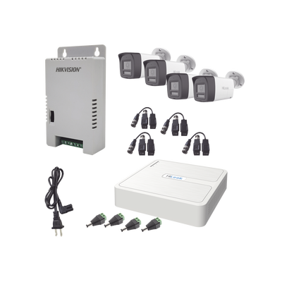 Kit de Videovigilancia TurboHD / DVR 4 Canales + 1 IP / 4 Cámaras Bala 2 Megapixel / Audio Bidireccional / Dual Light IR 30 m (98.4 ft) + Luz Blanca 20 m (65.6 ft) / IP67 / Fuente Regulada 12-15 VCC