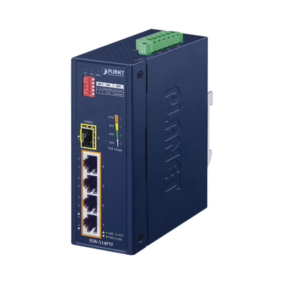 Switch Industrial PoE / 4 Puertos 10/100 Mbps / 1 Puerto 100Base-FX / Rango -40 a 75°C (-40 a 167°F) / IP30 / Conmutación 1 Gbps