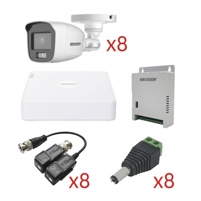 Kit TurboHD con Audio / DVR 8 Canales 1080p Lite / 8 Cámaras Bala 2.8 mm 105° / Audio Coaxitron / Luz Blanca 20 m (65.6 ft) / Fuente Regulada