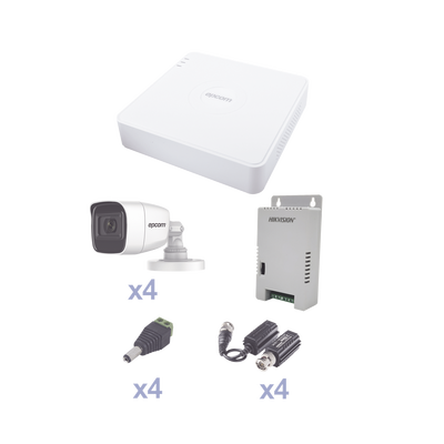 Kit TurboHD con Audio / DVR 4 Canales / 4 Cámaras Bala 2.8 mm 105° / Transceptores UTP / Fuente 12V-15VCC / Audio Coaxitron / 20 m (65.6 ft) Alcance Luz