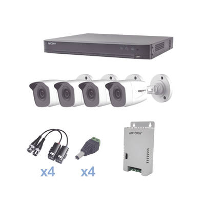 Kit TurboHD / DVR 4 Canales / 4 Cámaras Bala 1080p / Lente 2.8 mm / Visión Nocturna 20 m (65.6 ft) / Audio Coaxitron / Fuente Regulada