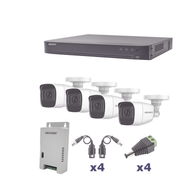 Kit TurboHD / DVR 4 Canales Pentahíbrido / 4 Cámaras Bala 1080p / Audio por Coaxitron / IR 20 m (65.6 ft) / Fuente de Poder Regulada Multivoltaje