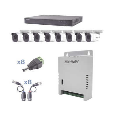 Kit TurboHD / DVR 8 Canales / 8 Cámaras Bala 1080p / Lente 2.8 mm / IR 20 m (65.6 ft) / Fuente Regulada hasta 15 Vcc / Transceptores UTP