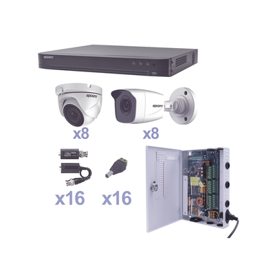 Kit TurboHD / DVR 16 Canales / 16 Cámaras 1080p / 8 Bala y 8 Eyeball / Lente 2.8 mm / IR 20 m (65.6 ft) / Fuente de Poder 18 Canales / Transceptores UTP
