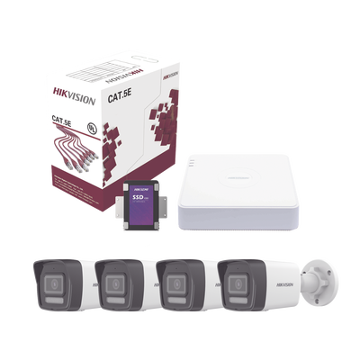 Kit de Videovigilancia IP / 4 Megapixel / NVR 4 Canales PoE+ / 4 Cámaras Bala Dual Light / IR 30 m (98.4 ft) / Luz Blanca 30 m (98.4 ft) / Audio Integrado / SSD 1 TB / Cable 100 m (328.1 ft)