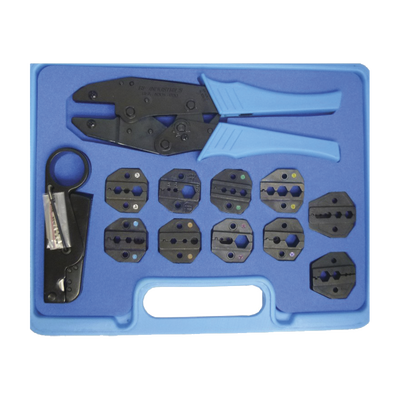 Kit en Estuche de Plástico con 10 Muelas para Instalar Conectores en Cables Coaxiales, Pinzas RFA-4005-20 y Desforradoras de Cable.